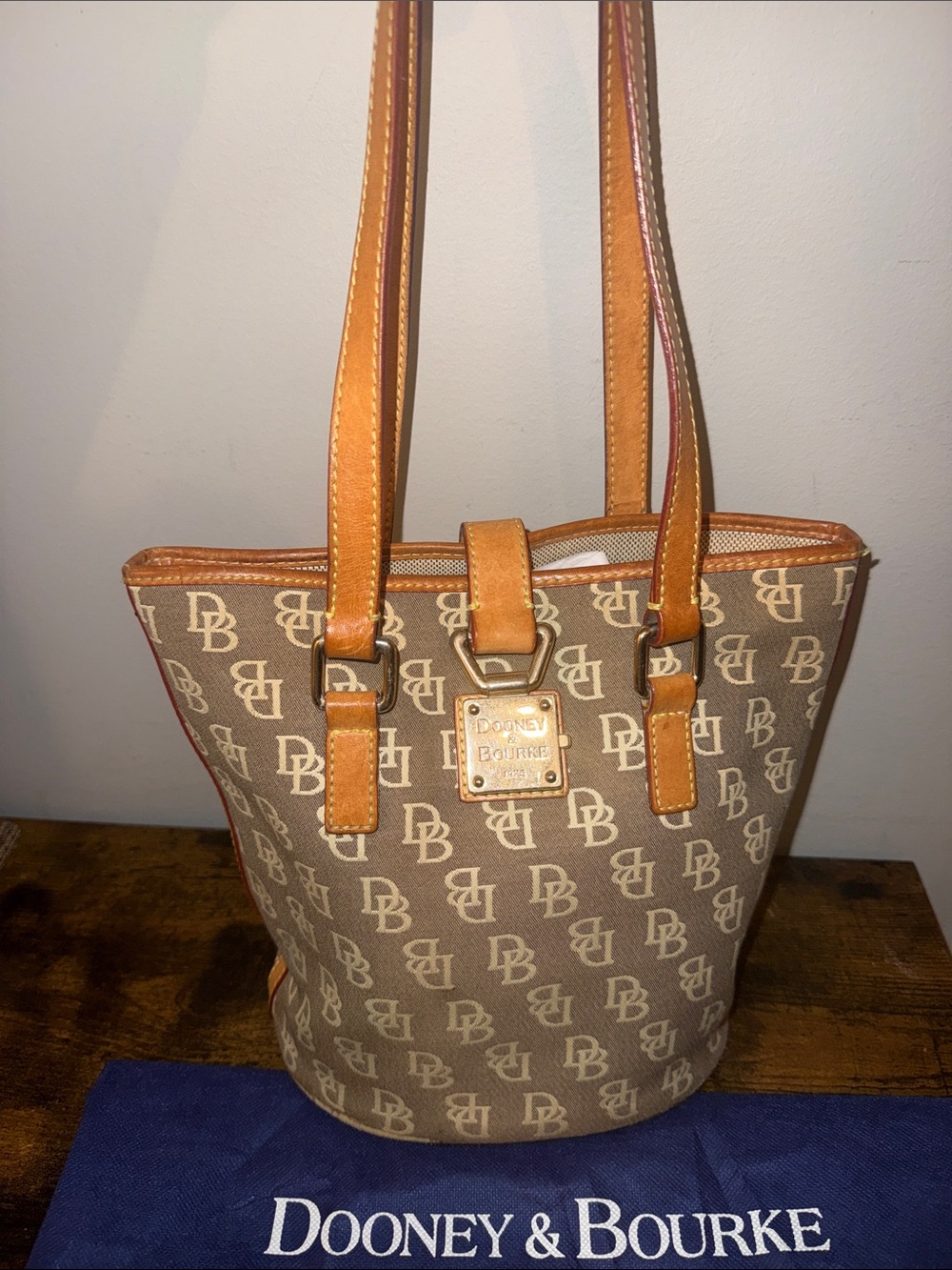 Dooney & Bourke Brown Locking Monogram Tote with Leather Straps and Dust Bag